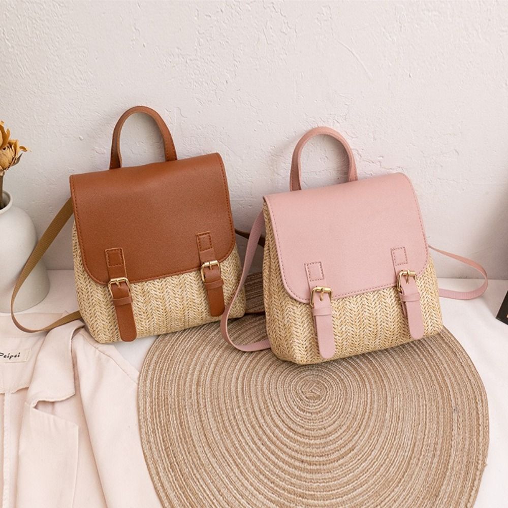 Leather Backpack Vintage - Zaino in Pelle PU e Paglia